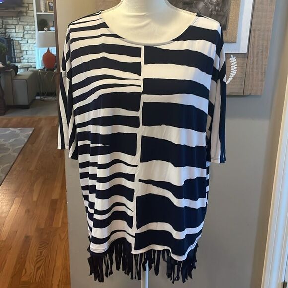 Chico’s Knit Kit Broken Stripe Fringe Top - Picture 4 of 6